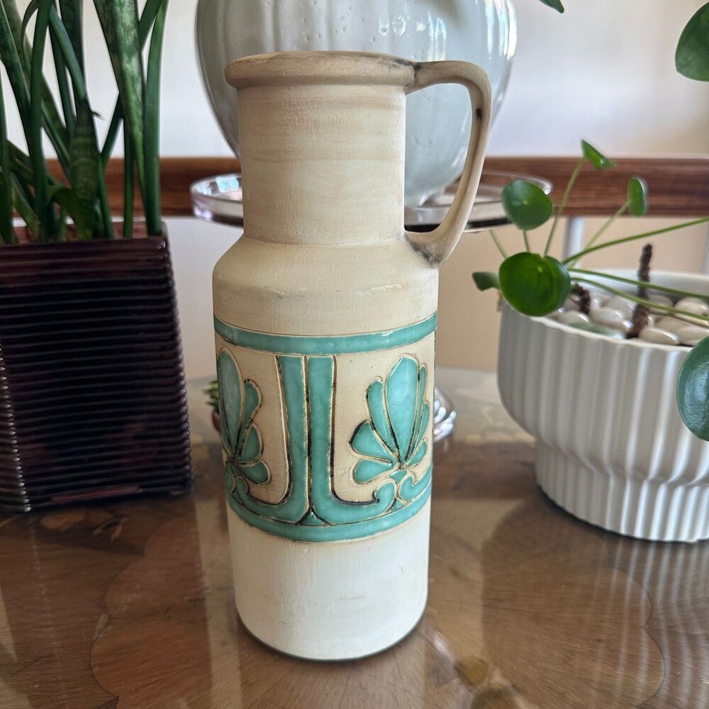 Vtg MCM Amarna Jeruselum Pottery Vase w/ Handle, Matte Finish & Teal Floral Band